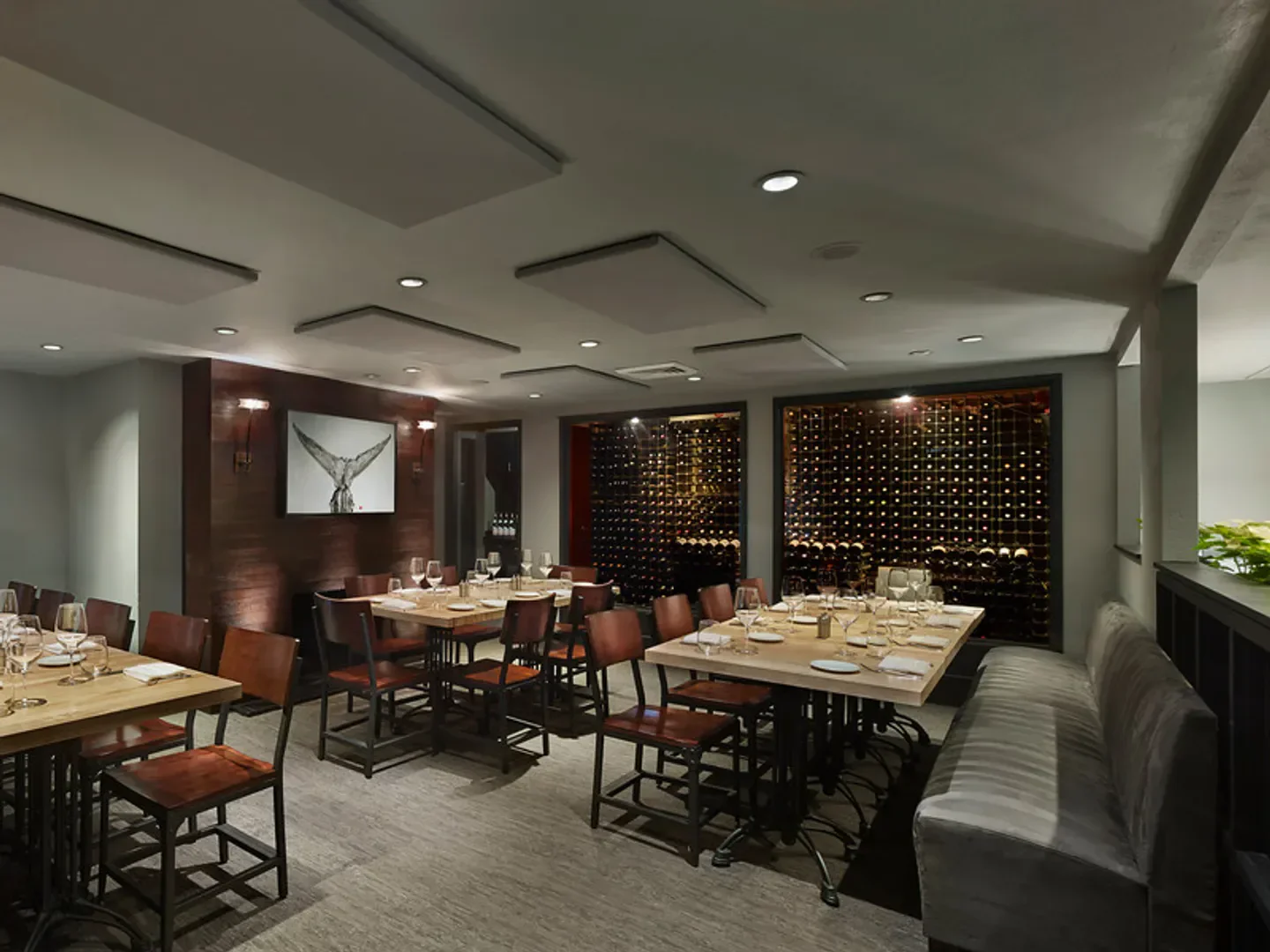 Dining room at Savona restaurant in Philadelphia, featuring wine cellar and tables.