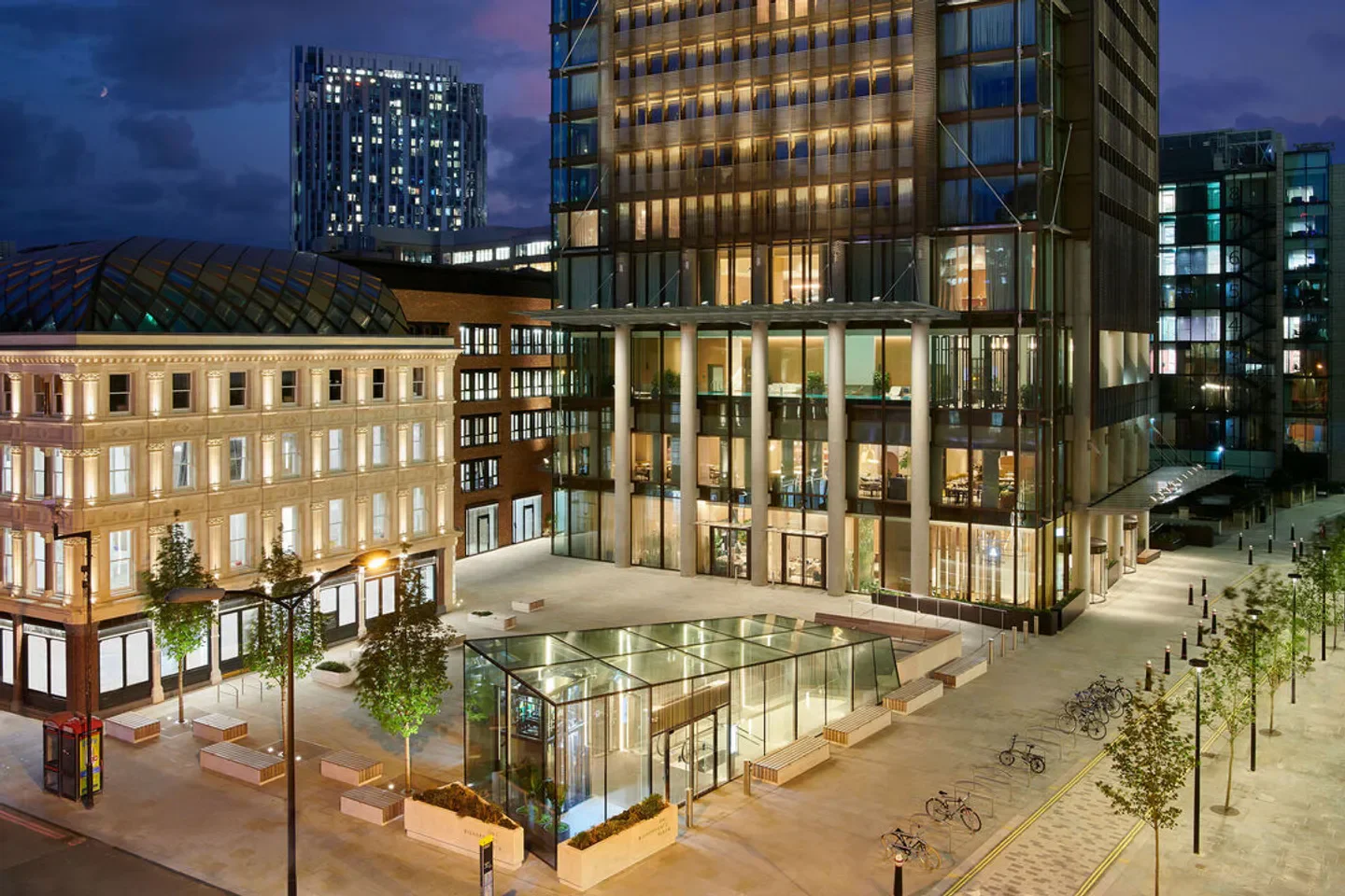 Exterior of Sensory Wellbeing at Pan Pacific London spa in London at dusk.