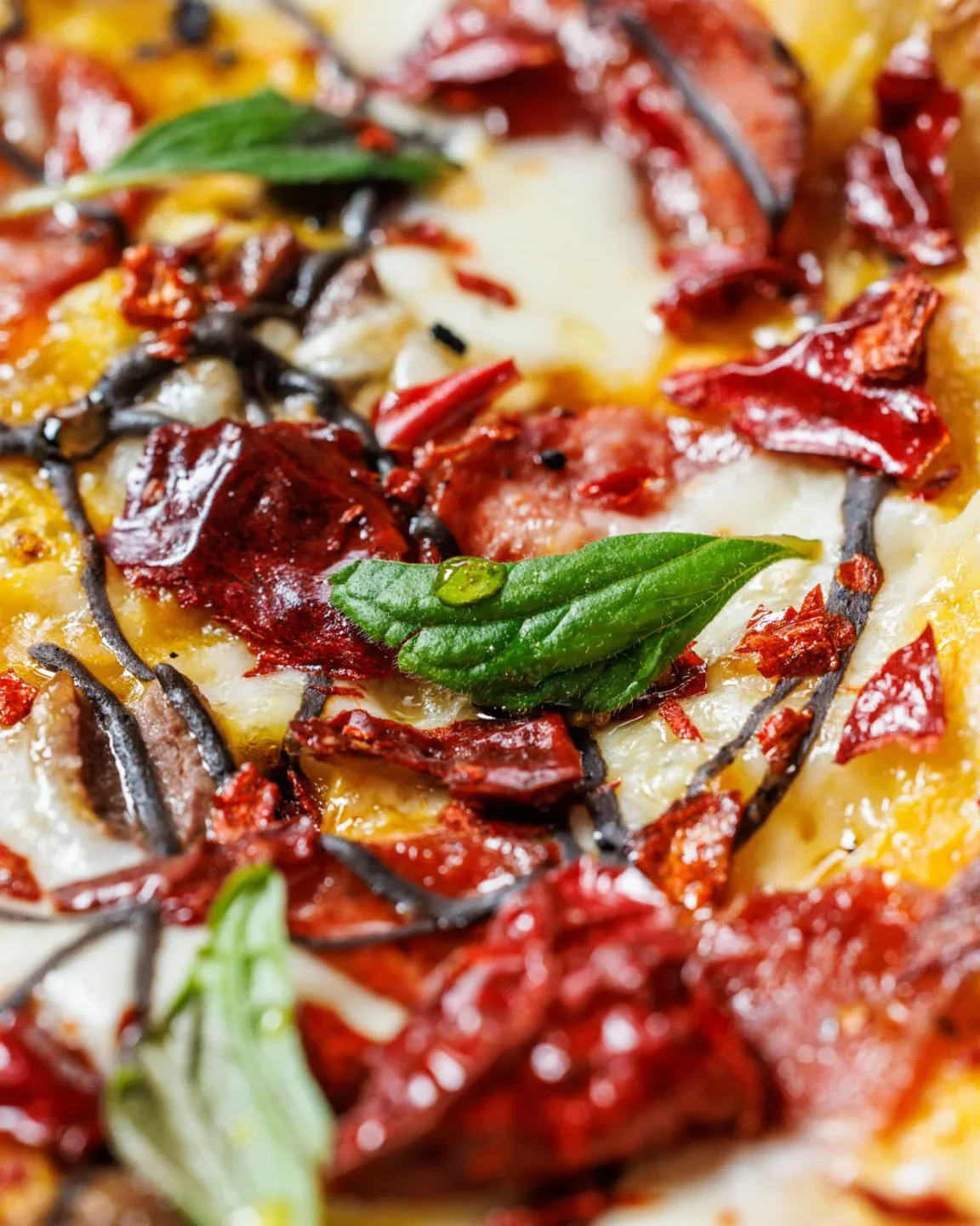 Close-up of a delicious pizza with sun-dried tomatoes and basil at Seu Pizza Illuminati in the city.