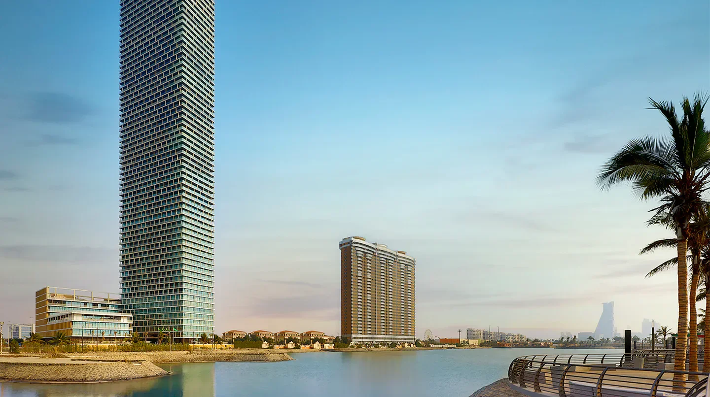 Exterior view of the Shangri-La Hotel, Jeddah, overlooking the water in the city.