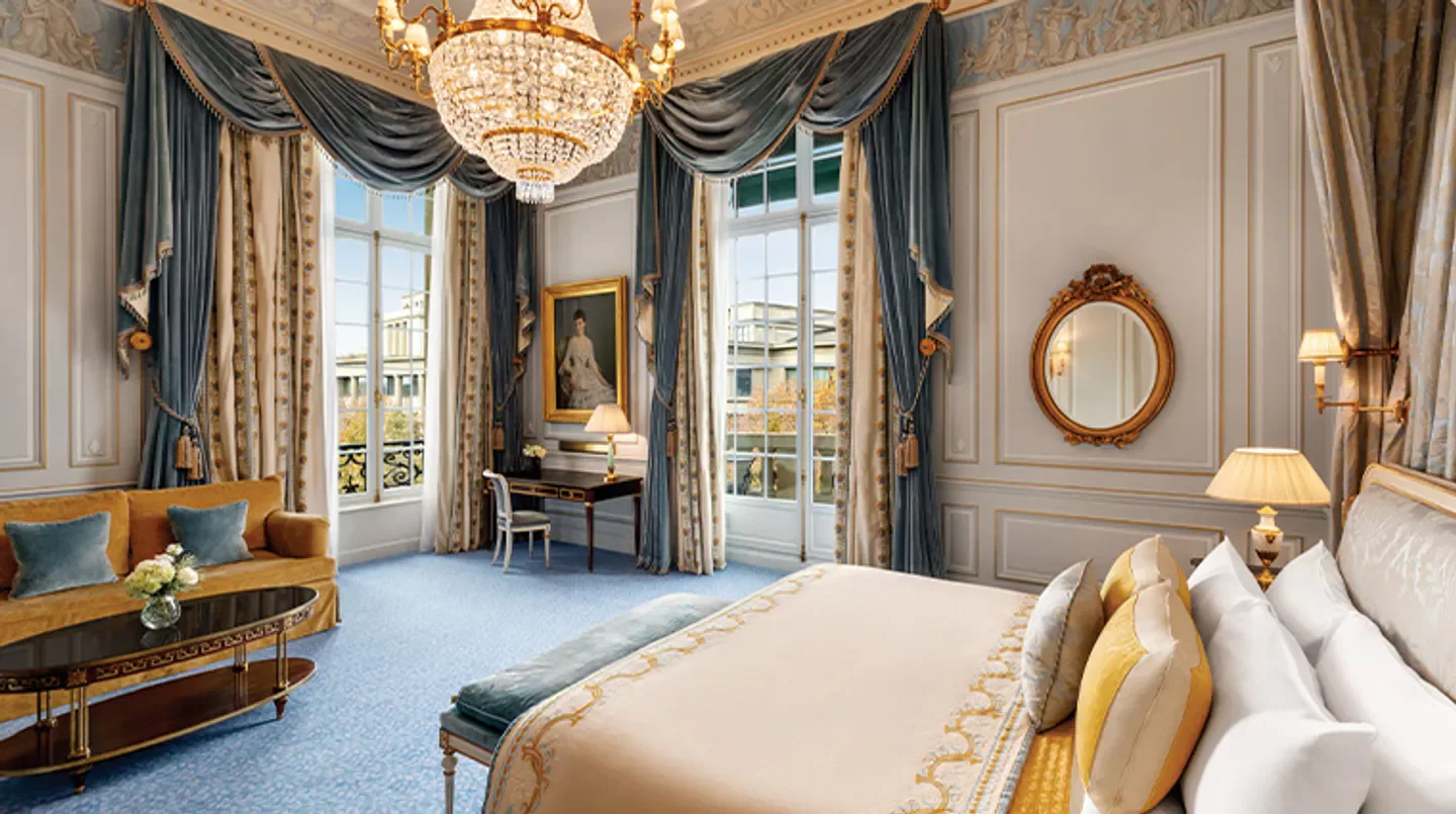 Luxurious suite with views at the Shangri-La Paris hotel in Paris, France.