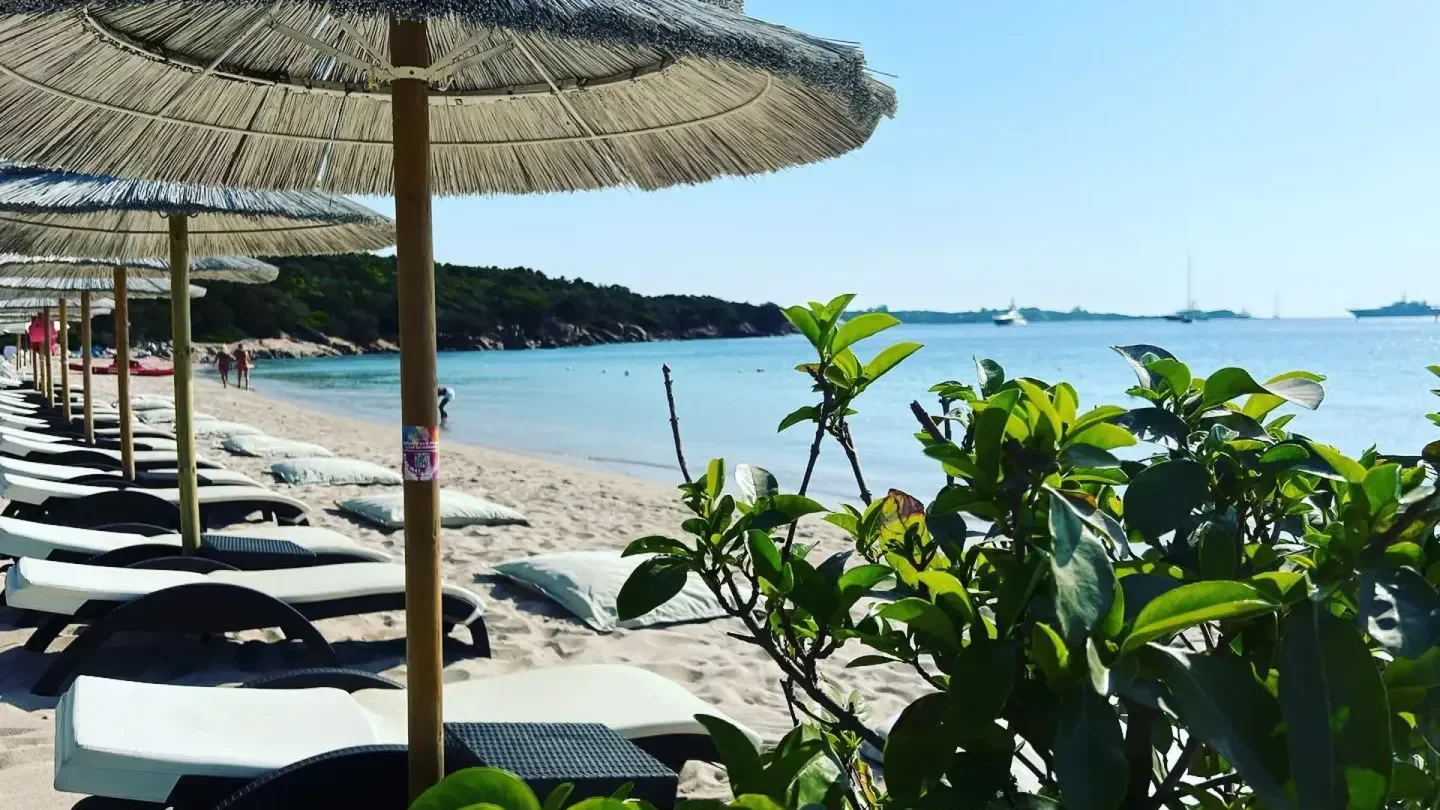 Beach scene at Shardana Beach Club in Porto Cervo with umbrellas and ocean view.