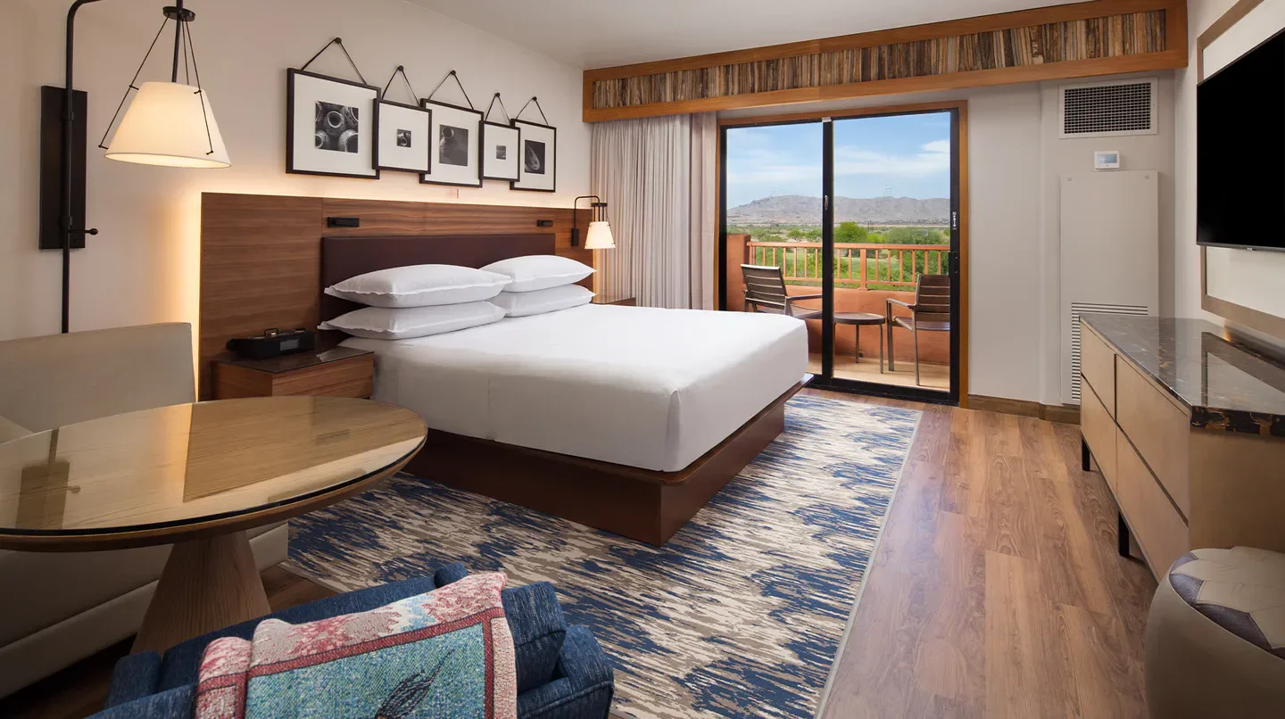 Guest room with balcony at Sheraton Grand at Wild Horse Pass in Chandler, Arizona.