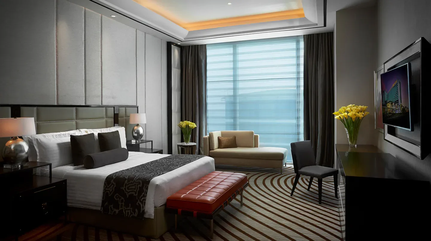 Luxury hotel room at Sky Tower at Solaire Resort Entertainment City in Manila, Philippines.