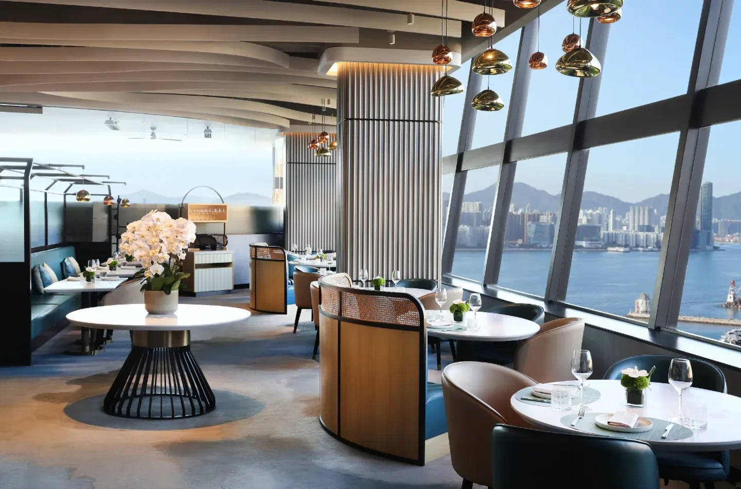 SKYE restaurant in Hong Kong with harbor view, elegant interior and modern design.