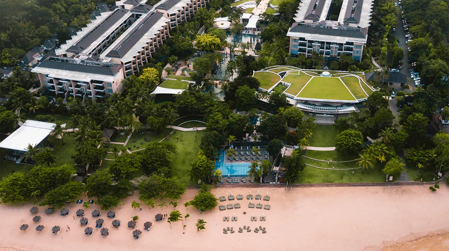 Aerial view of Sofitel Bali Nusa Dua Beach Resort with beach and pools in Bali