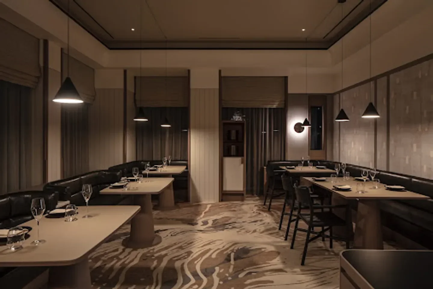Elegant dining room interior at Soigné restaurant in Seoul, with warm lighting and design.