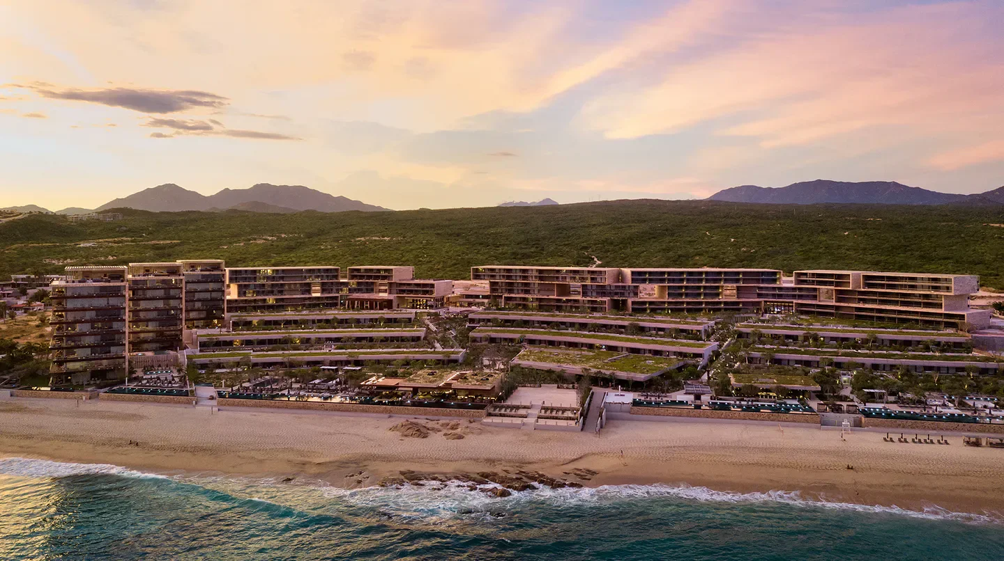 Aerial view of Solaz, A Luxury Collection Resort, Los Cabos, beachfront in Cabo San Lucas.