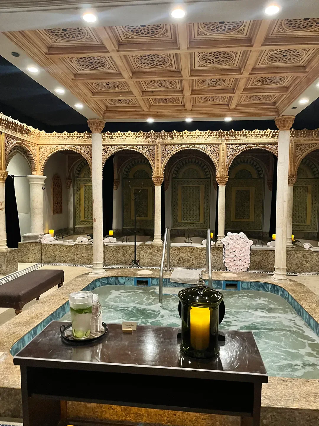 Spa Palmera in Palm Beach. Elegant spa interior with jacuzzi and ornate architecture.