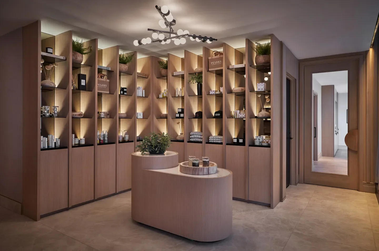 Interior of Spa Pendry at Pendry Washington DC – The Wharf in Washington with shelves and products