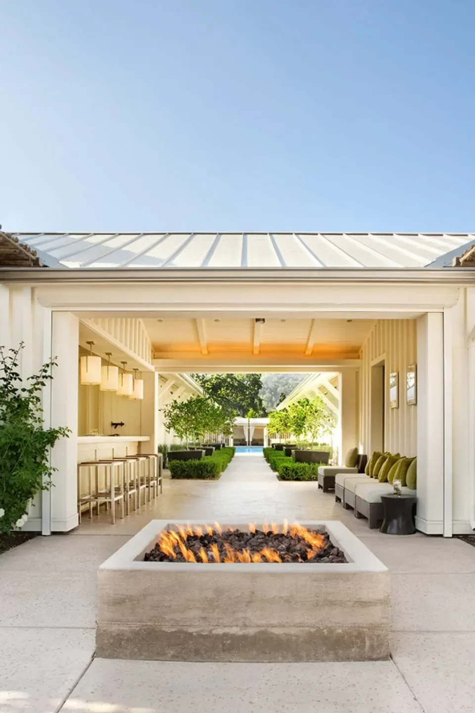 Outdoor lounge area with a fire pit at Spa Solage in Napa Valley