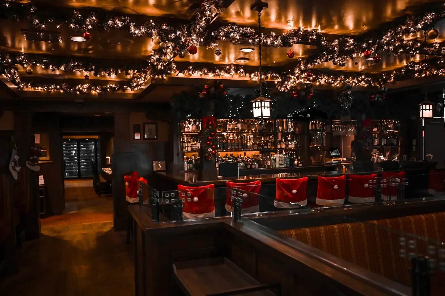 Festive bar at Spencer's For Steaks and Chops in Salt Lake City, decorated for the holidays.