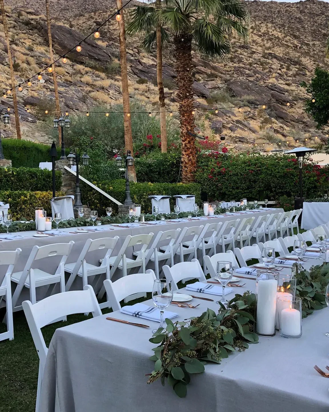 Outdoor dining setup at Spencer's Restaurant in Palm Springs with a desert backdrop.