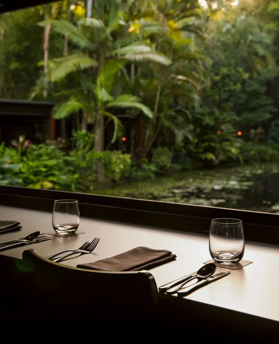 Table setting at Spirit House restaurant on the Sunshine Coast, overlooking lush tropical gardens