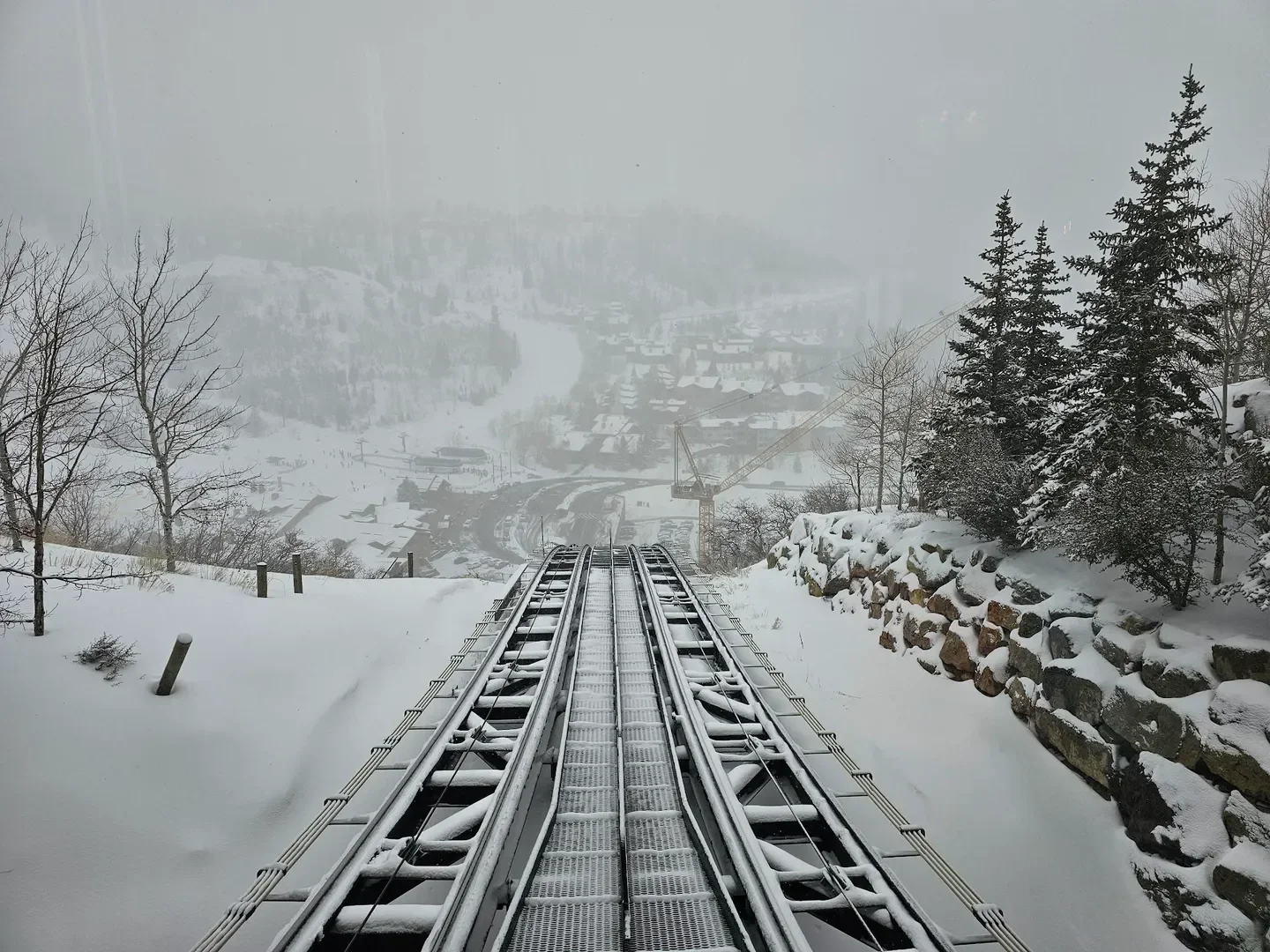 Winter view of Park City from the St. Regis Spa Deer Valley during a snowstorm
