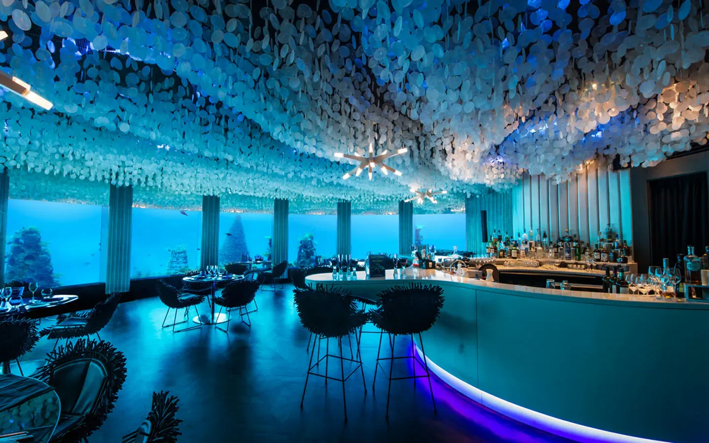 Subsix restaurant in the Maldives, with underwater views and unique decor