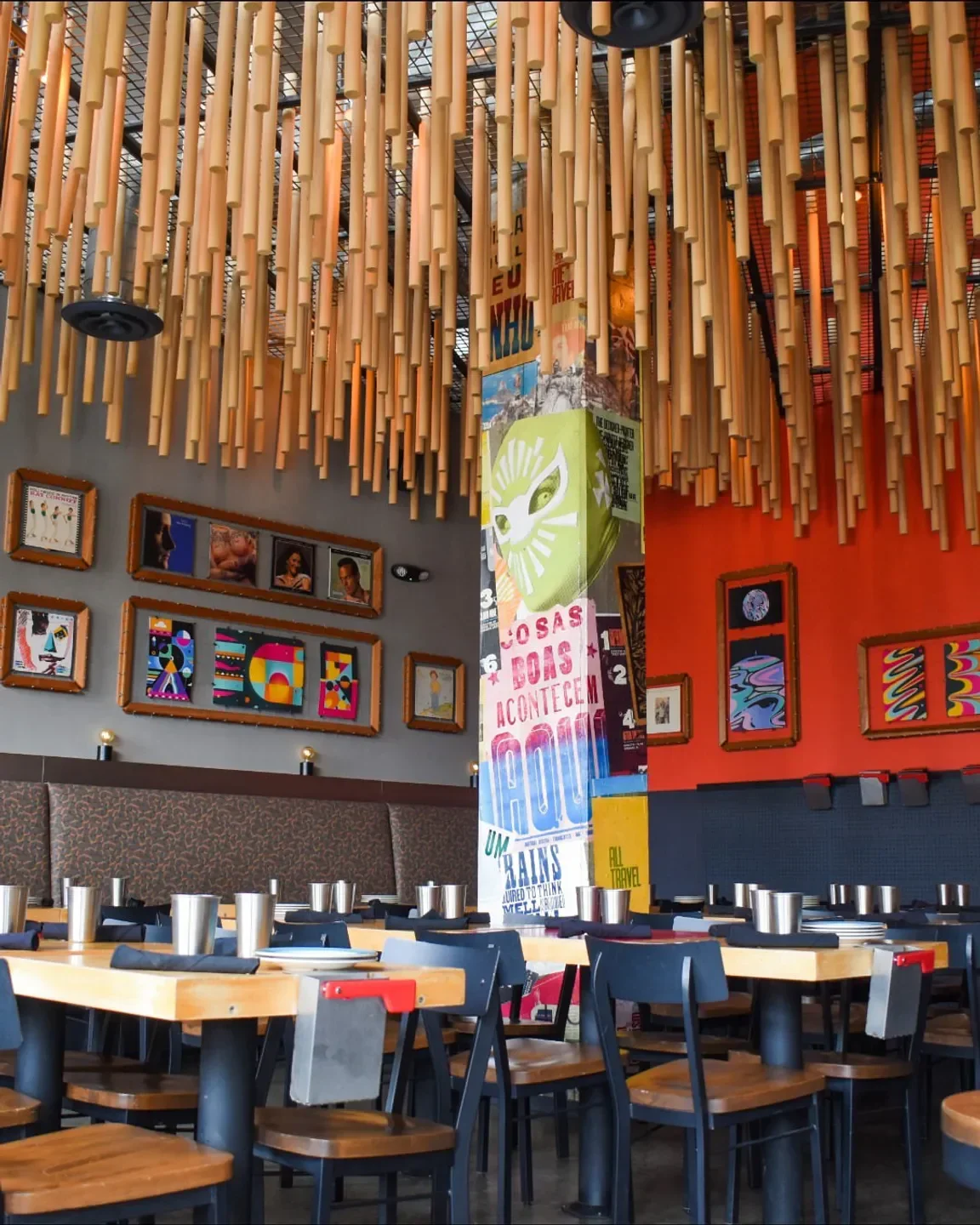 Interior of Super Mega Bien restaurant in Denver, featuring unique bamboo ceiling design.