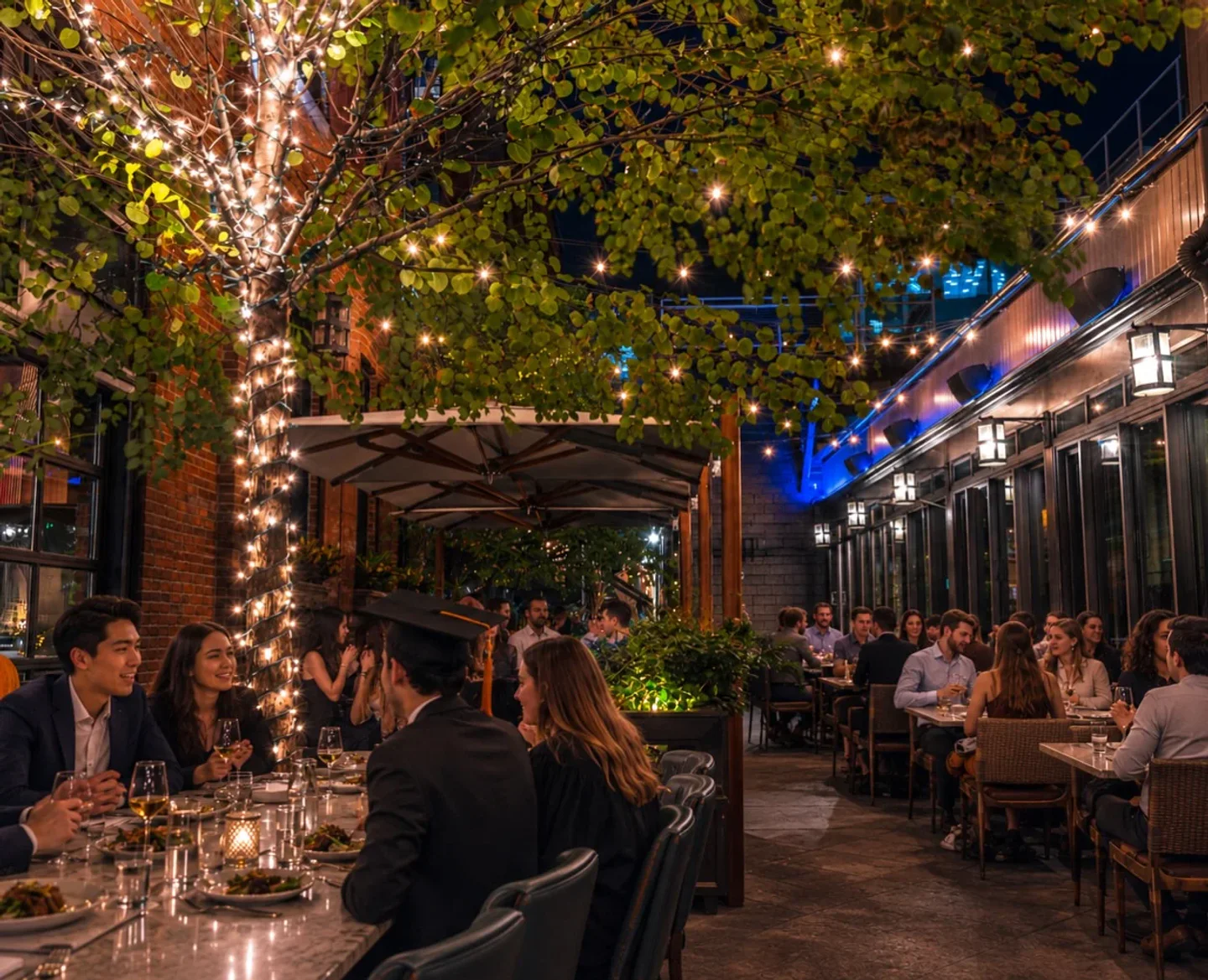 Tagliata Baltimore outdoor dining patio with string lights and lush greenery