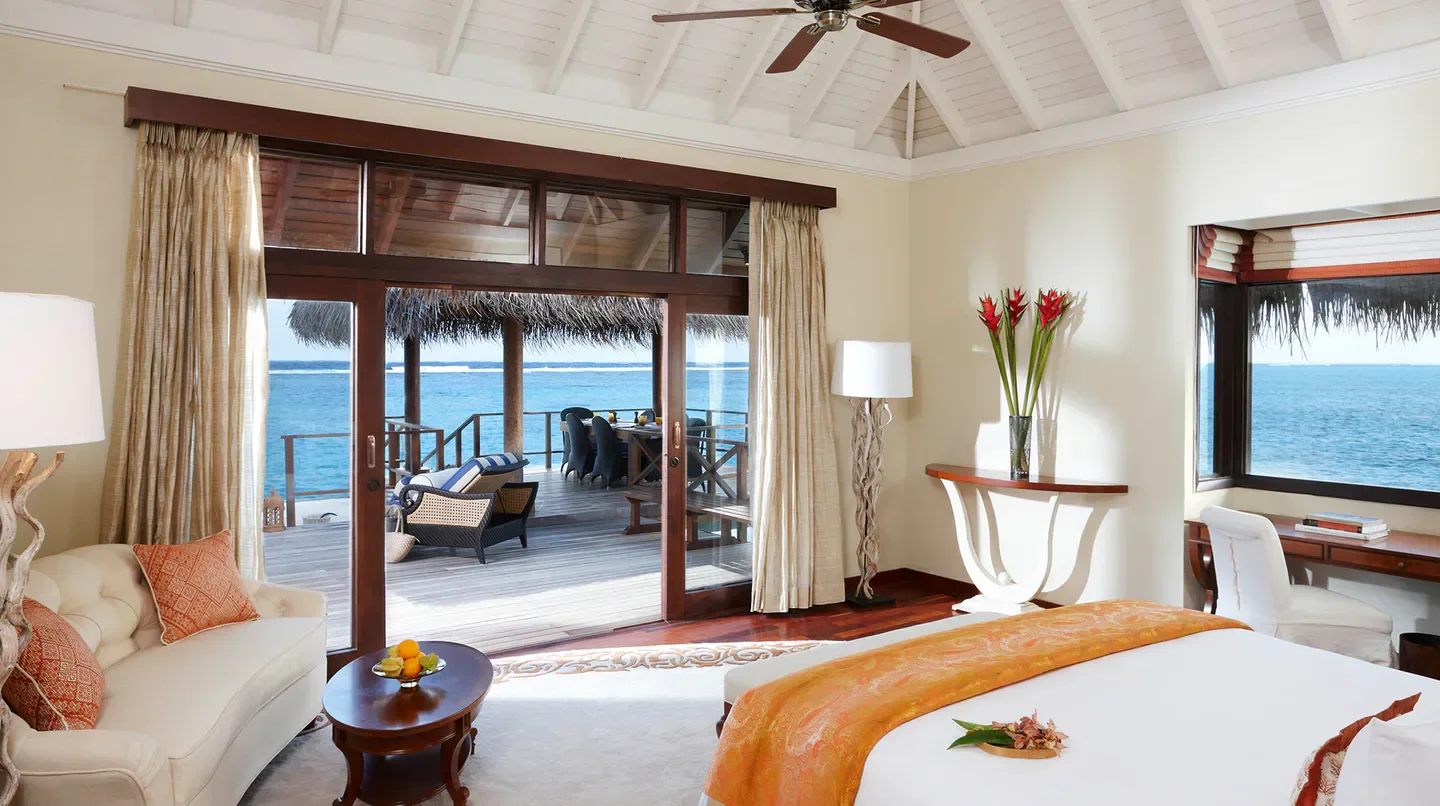 Elegant bedroom overlooking the ocean at Taj Exotica Resort and Spa, Maldives