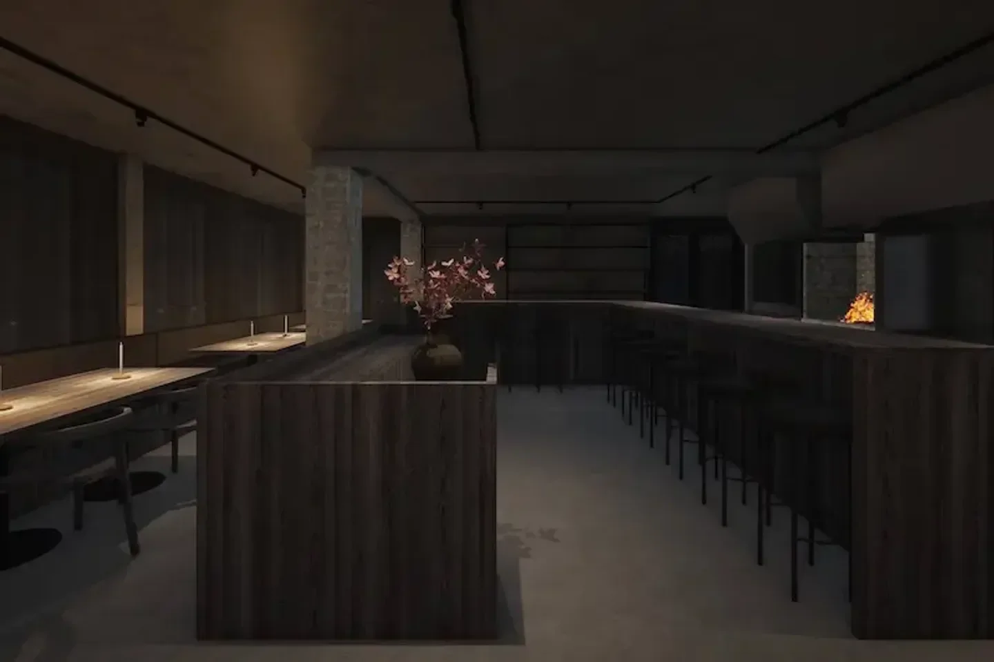 Interior view of Tala restaurant in Auckland, with bar seating and fireplace
