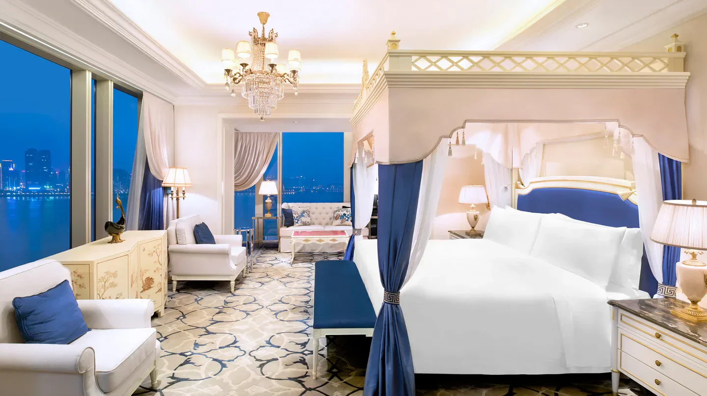Luxury bedroom at The Azure Qiantang, a Luxury Collection Hotel in Hangzhou, China.