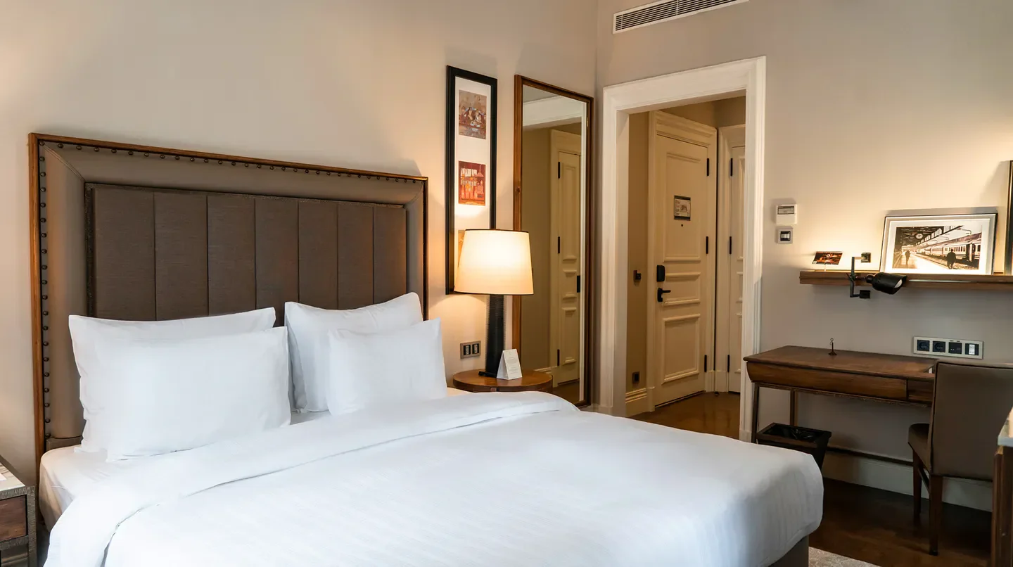 Cozy bedroom at The Bank Hotel Istanbul. Elegant decor in Istanbul hotel.