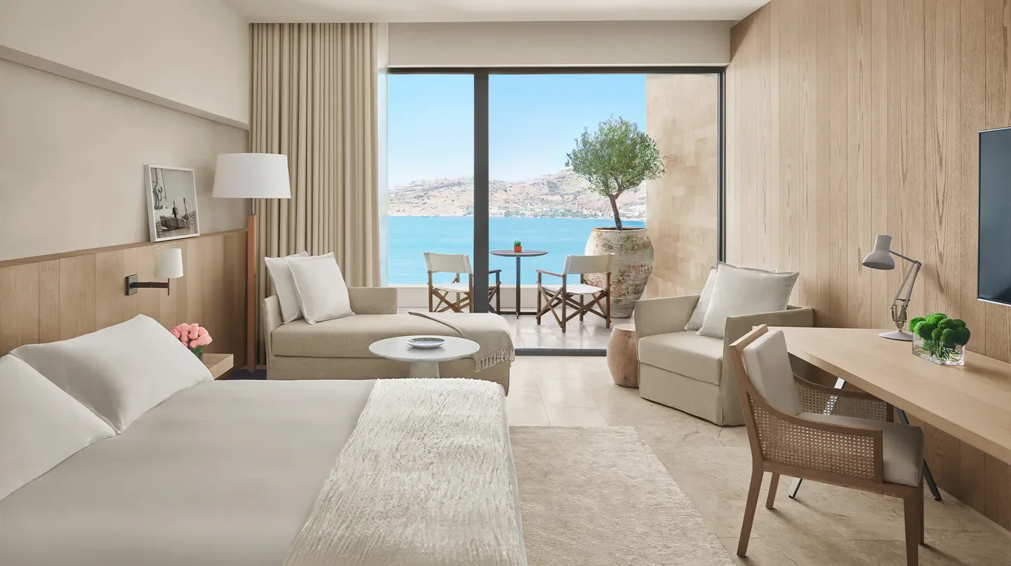 Stylish hotel room at The Bodrum EDITION with sea views in Bodrum, Turkey.