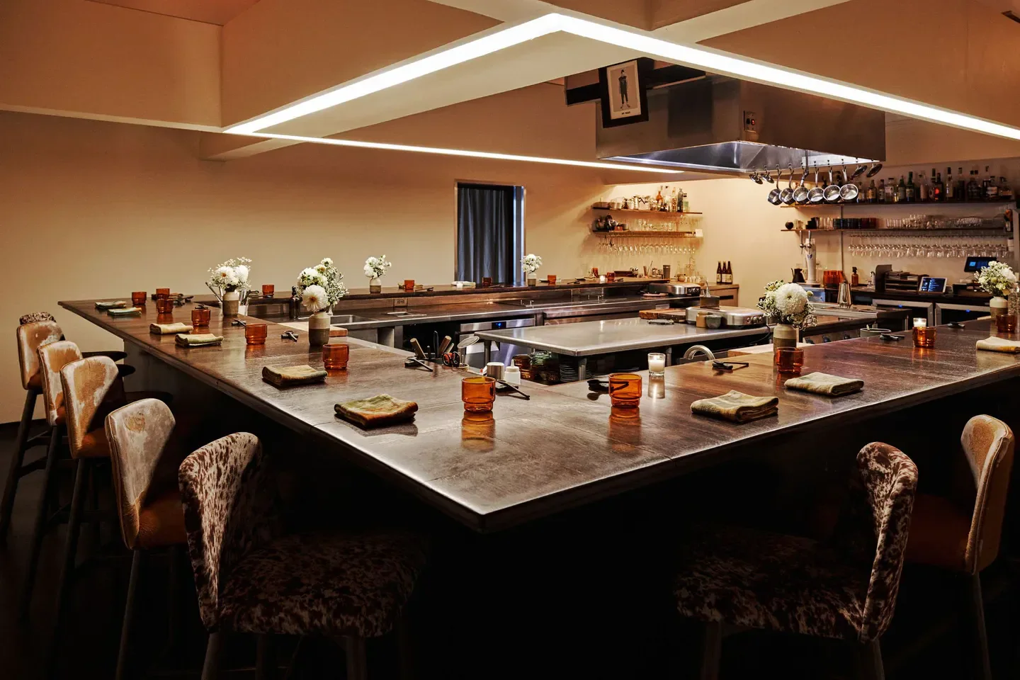 Interior of The Catbird Seat restaurant in Nashville, with seating at the bar.