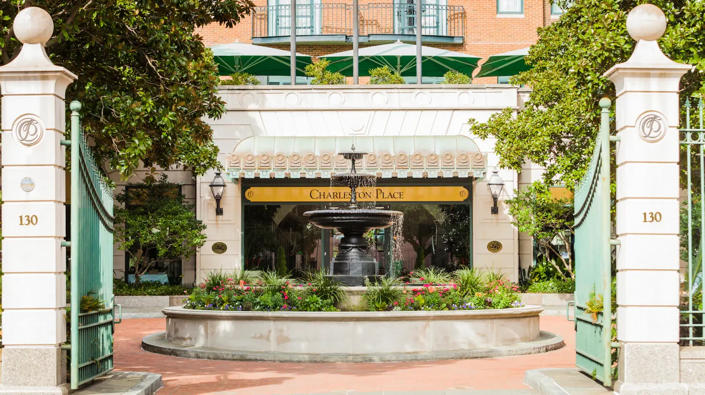 Entrance to The Charleston Place hotel in Charleston, South Carolina, with fountain.