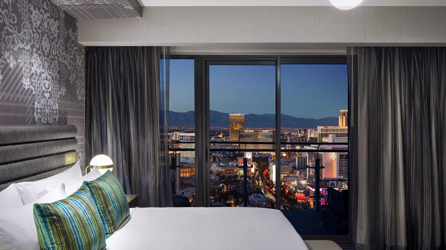 Bedroom view of the Las Vegas Strip from The Cosmopolitan of Las Vegas hotel room