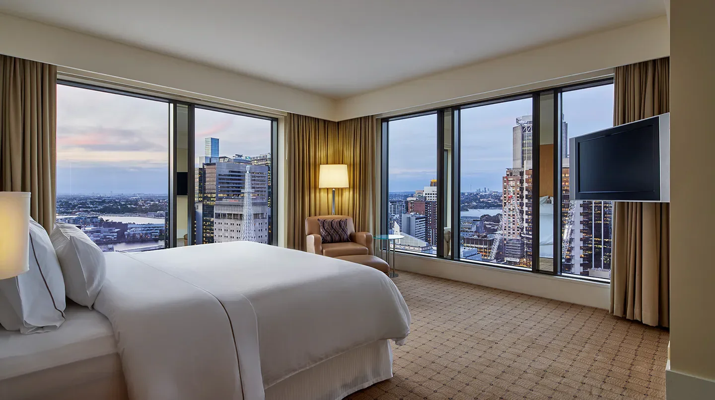 Bedroom view at The Fullerton Hotel Sydney, showcasing city views in Sydney.