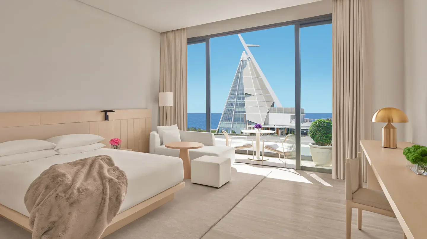 Modern bedroom at The Jeddah EDITION with sea views in Jeddah, Saudi Arabia.