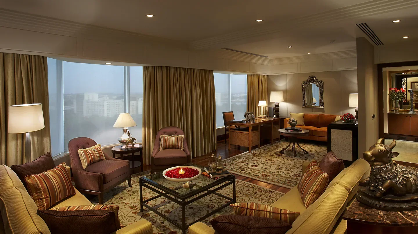 Luxury suite interior at The Leela Mumbai hotel in Mumbai, with city view