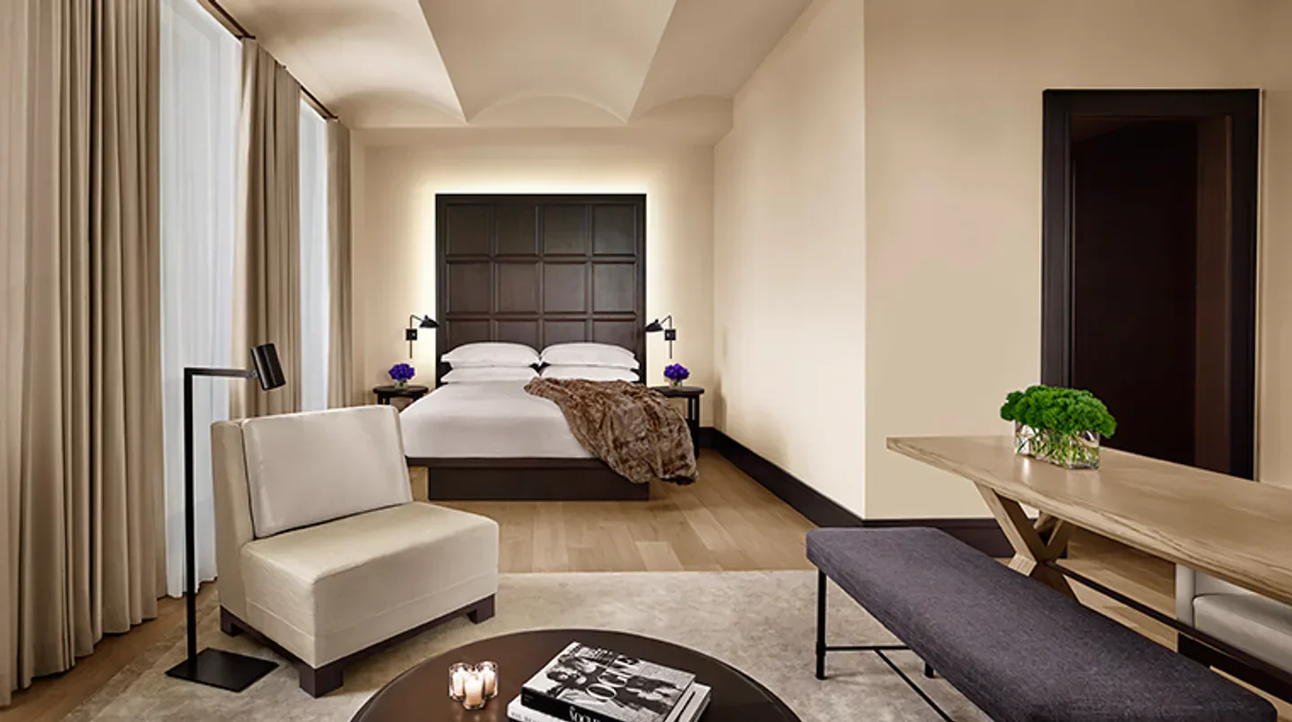 Cozy bedroom interior at The New York EDITION hotel in New York City.