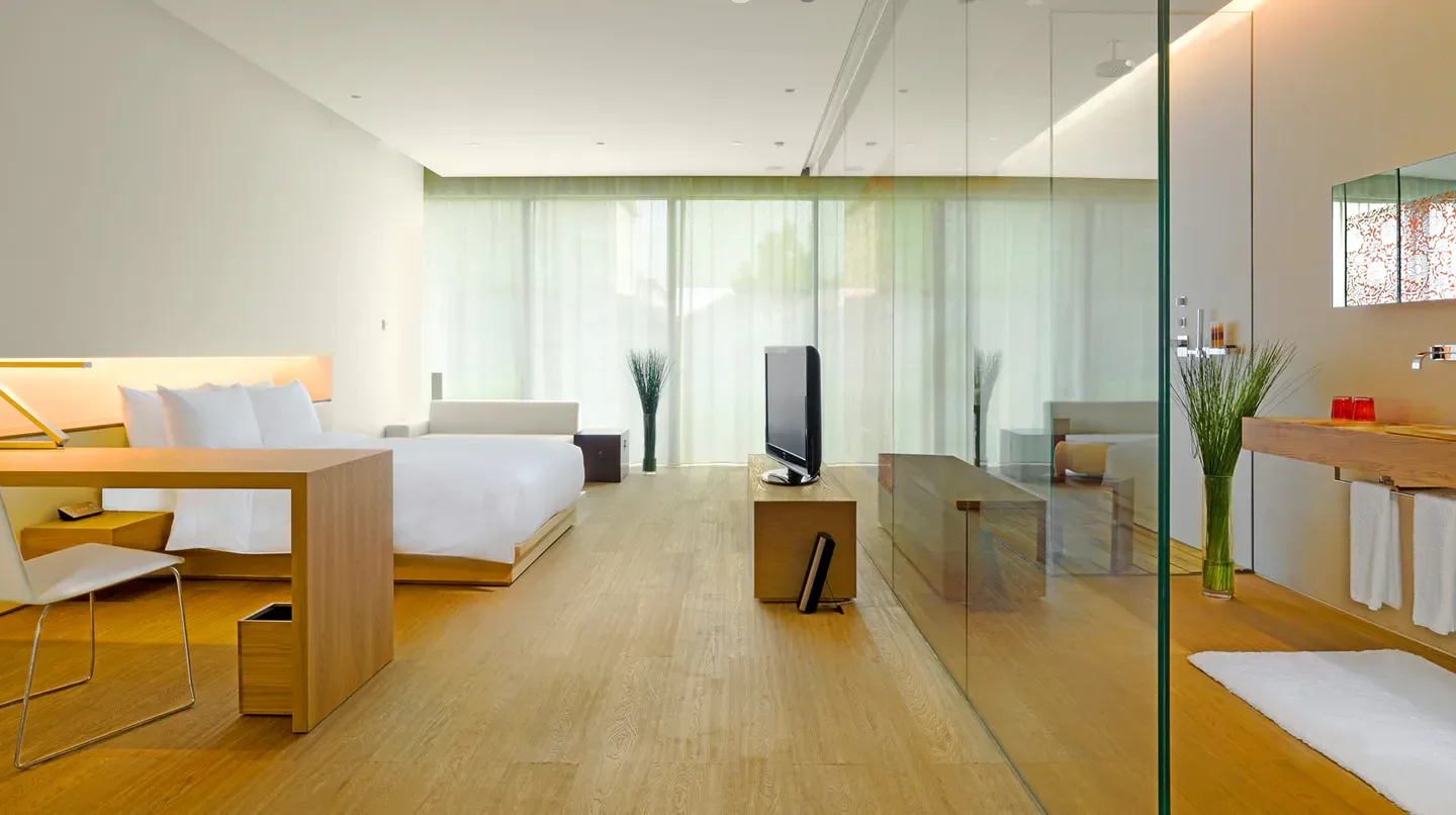 Modern bedroom at The Opposite House Beijing hotel in Beijing, with a contemporary design.