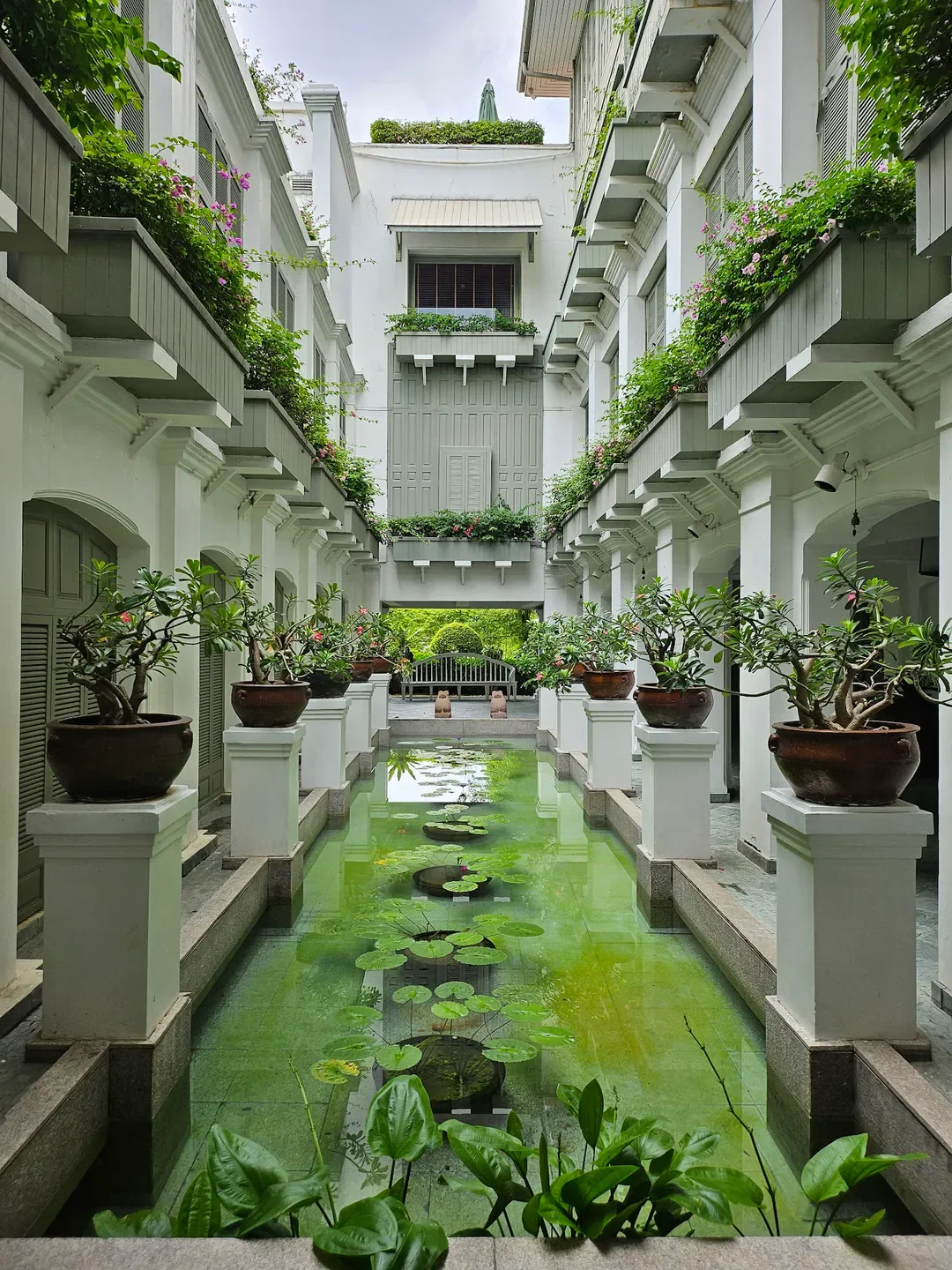 Tranquil courtyard at The Oriental Spa, Bangkok, featuring water plants and elegant architecture.