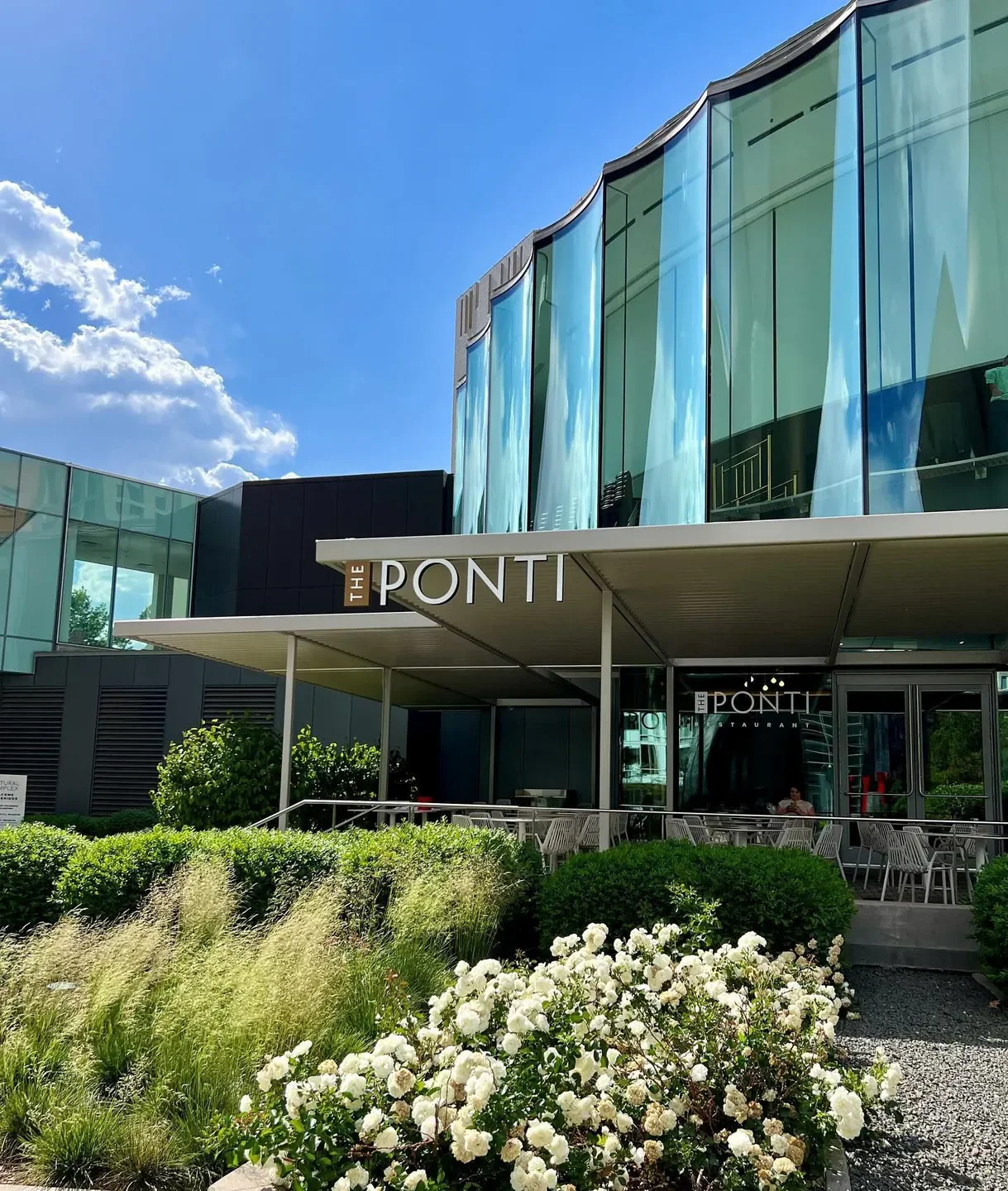 Exterior of The Ponti at Denver Art Museum, a restaurant in Denver, with modern architecture.