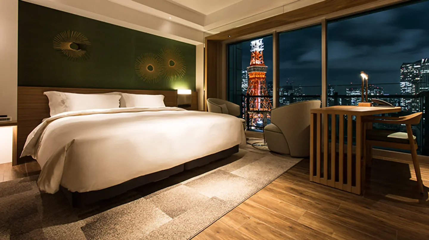 Elegant hotel room at The Prince Park Tower Tokyo with Tokyo Tower view at night