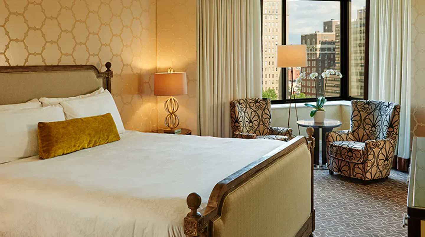 Elegant hotel room at The Rittenhouse in Philadelphia, with city views