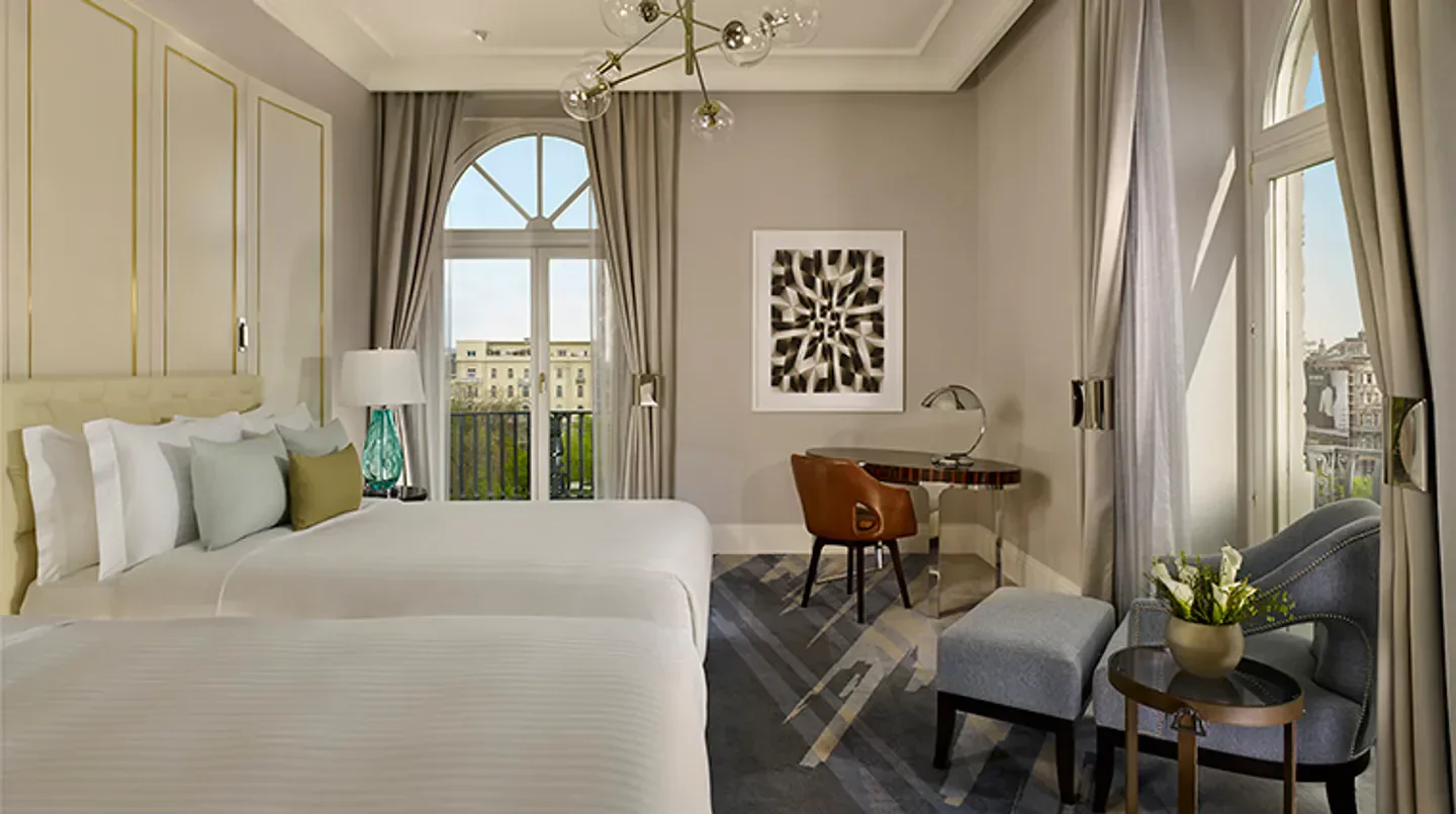 Elegant hotel room at The Ritz-Carlton, Budapest with city views in Budapest.