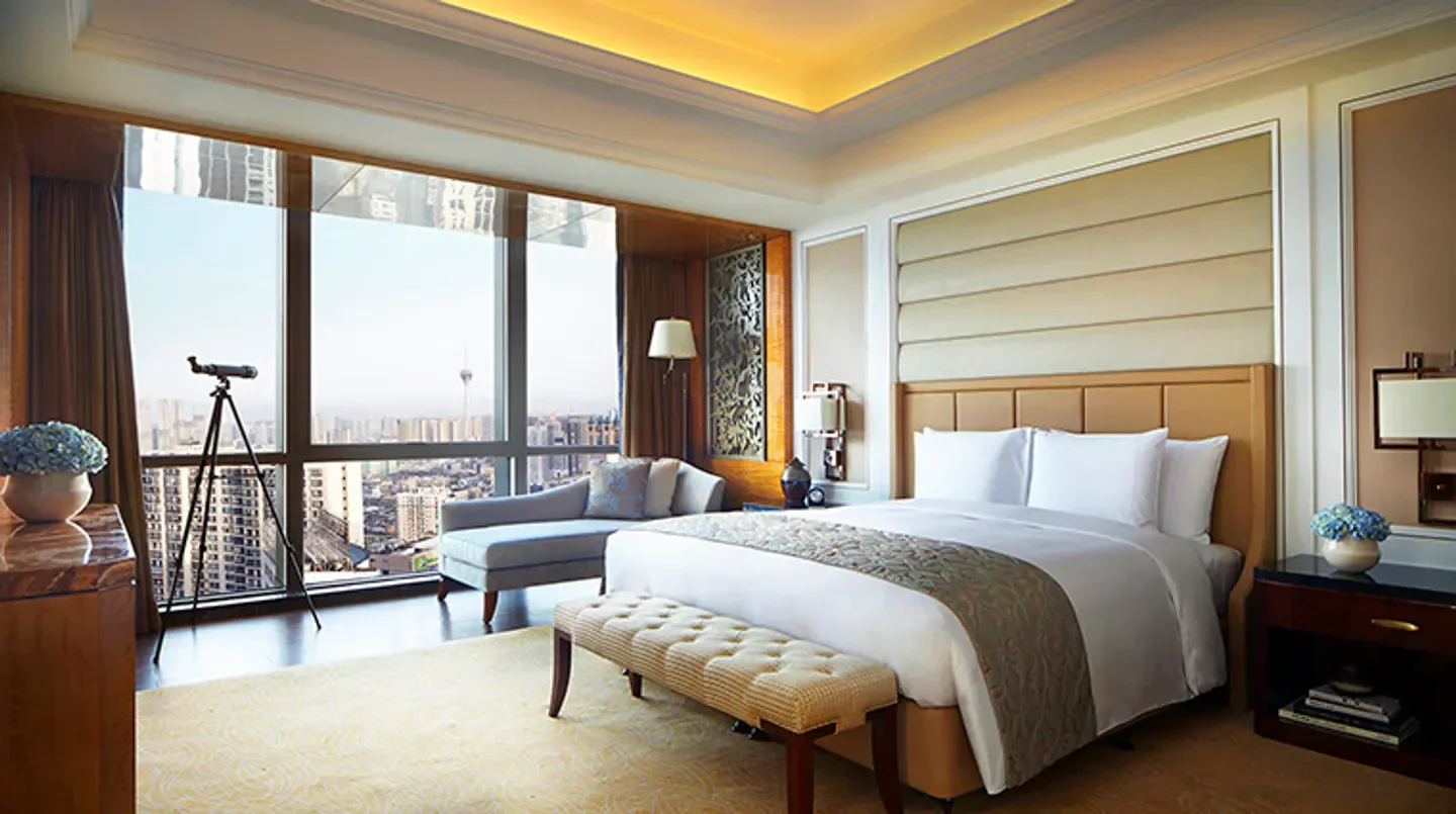 Luxury hotel room at The Ritz-Carlton, Chengdu, with stunning city views of Chengdu.