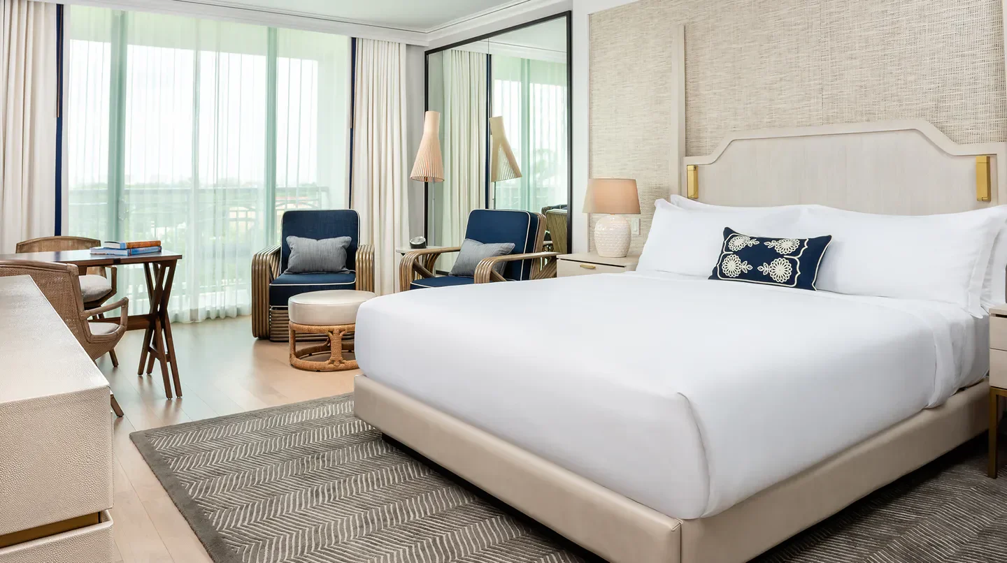 Luxury hotel room at The Ritz-Carlton Coconut Grove, Miami. Cozy and elegant interior.