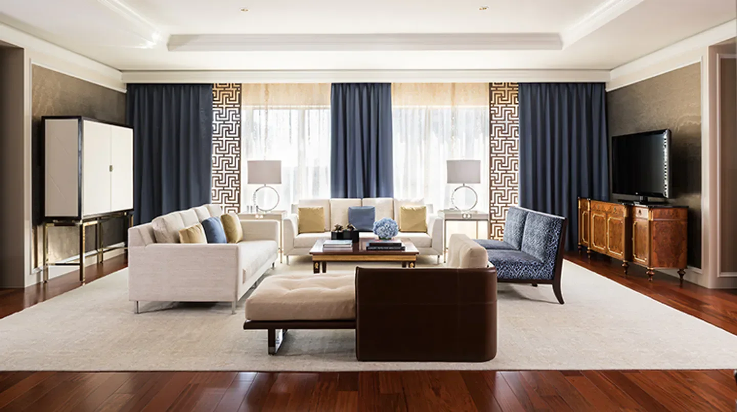Luxury living room interior at The Ritz-Carlton, Dallas, with stylish design elements.
