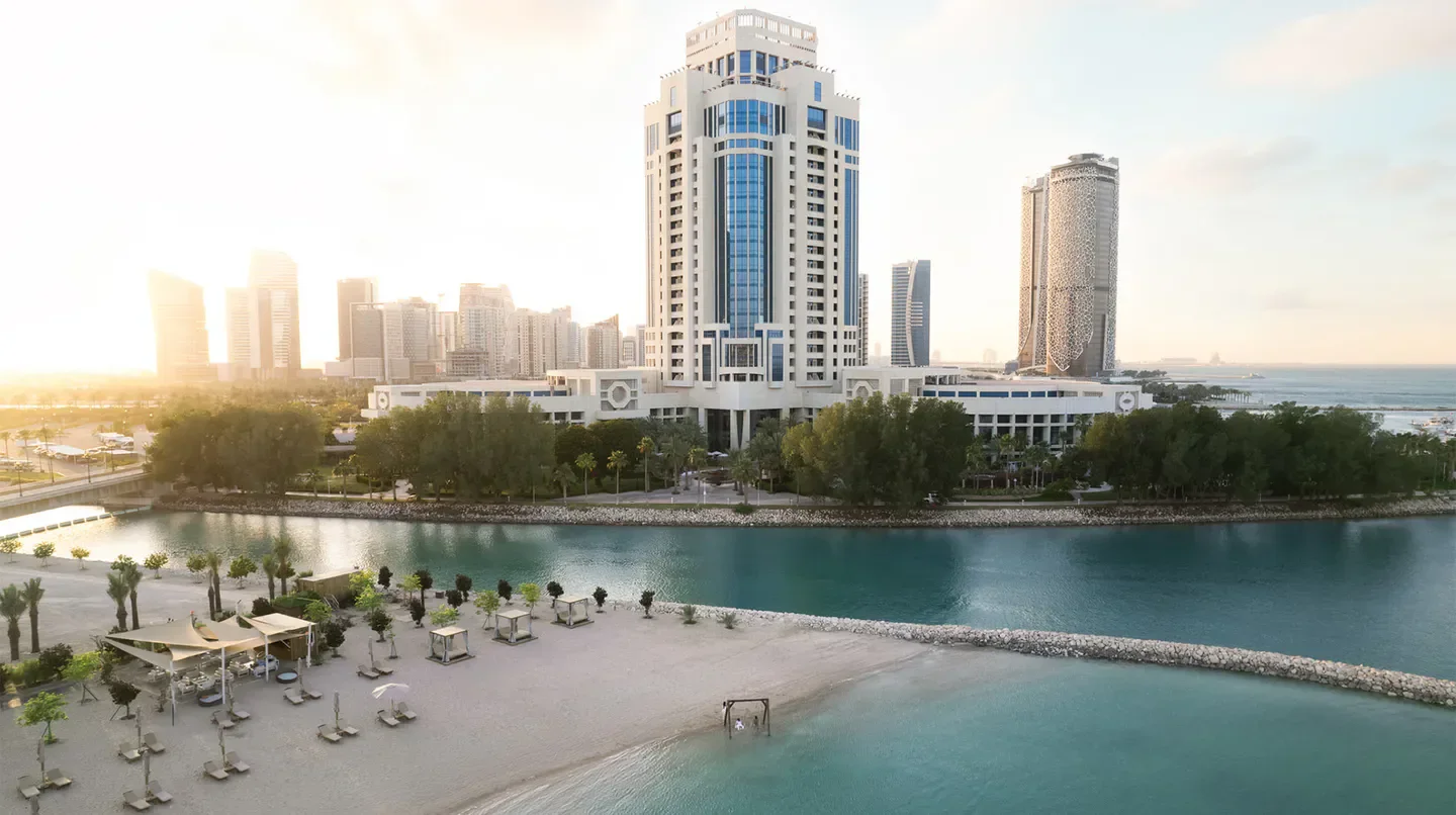 Aerial view of The Ritz-Carlton, Doha, hotel and beach in Doha, Qatar.