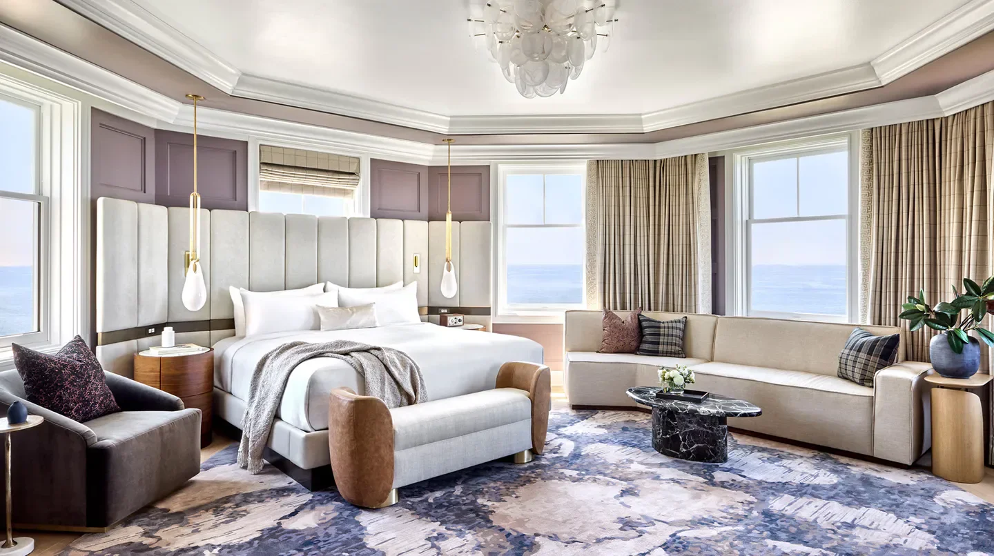 Luxury bedroom at The Ritz-Carlton, Half Moon Bay, Sonoma, with ocean view and stylish decor.