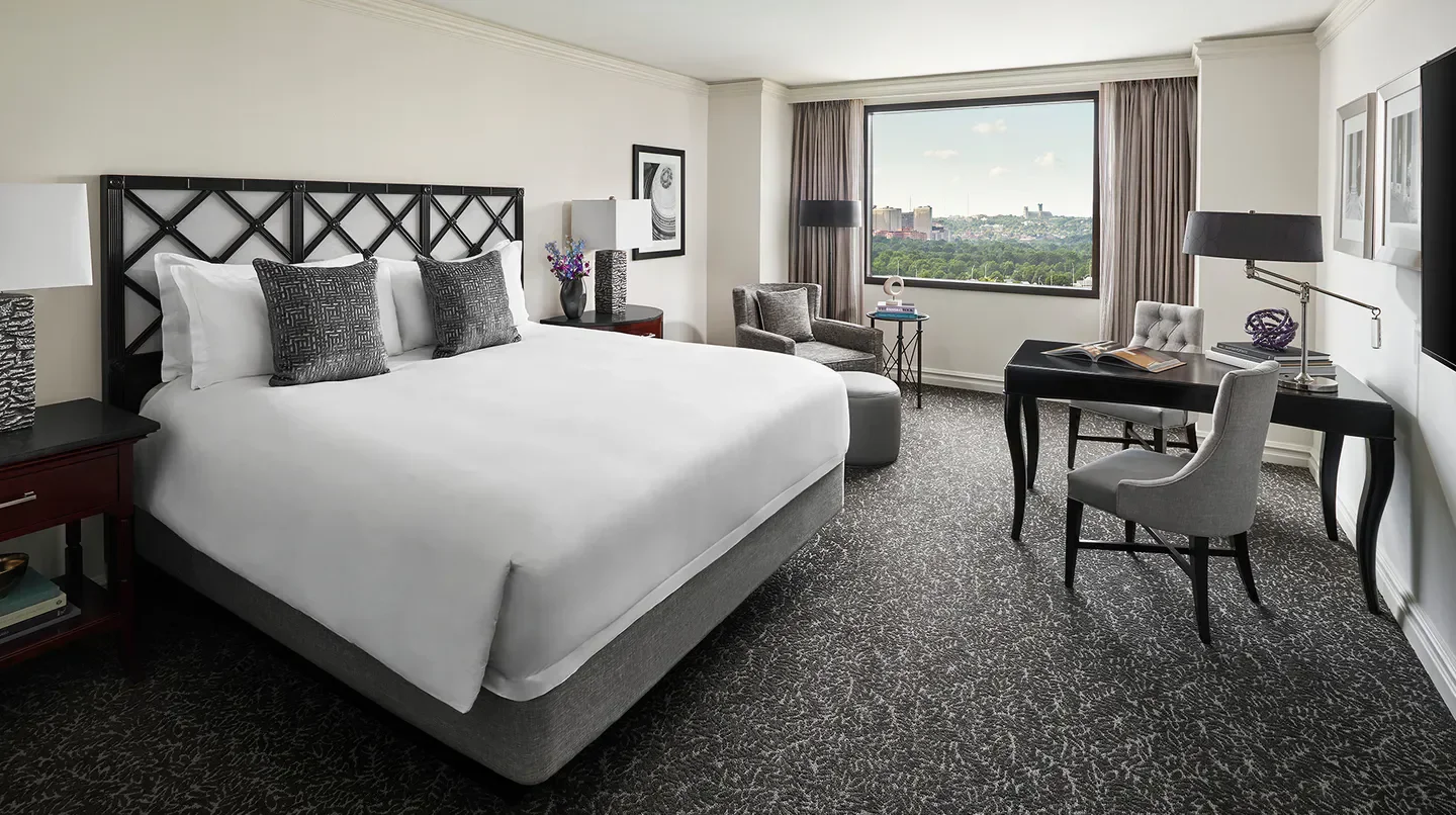 Elegant hotel room at The Ritz-Carlton, Pentagon City, Washington, with city views.