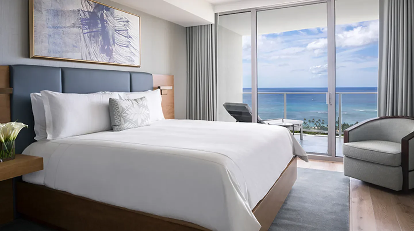 Bedroom with ocean view at The Ritz-Carlton Residences, Waikiki Beach in Oahu.