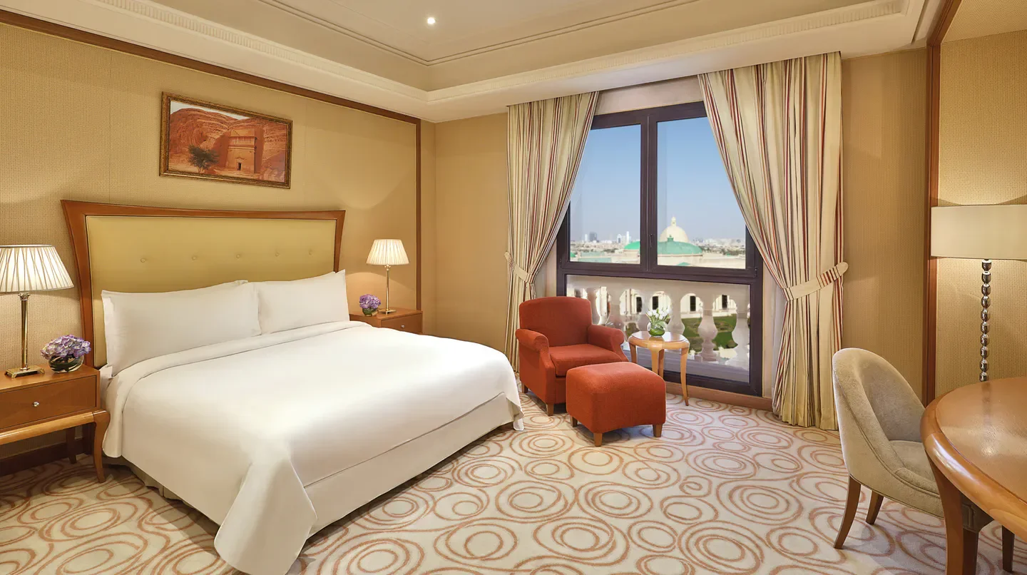 Cozy bedroom at The Ritz-Carlton, Riyadh with city views in Riyadh, Saudi Arabia.