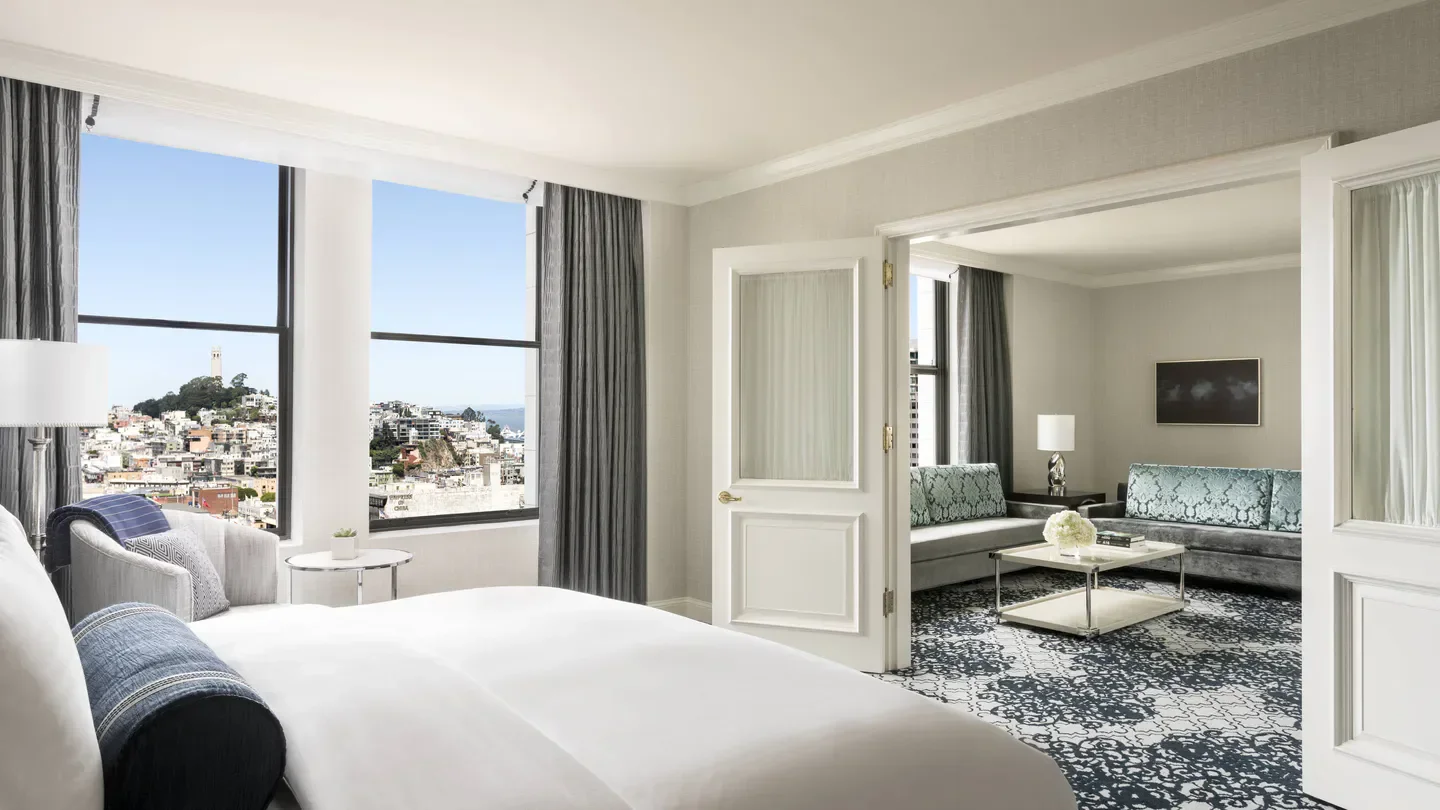 Elegant hotel room at The Ritz-Carlton, San Francisco with city views of San Francisco.