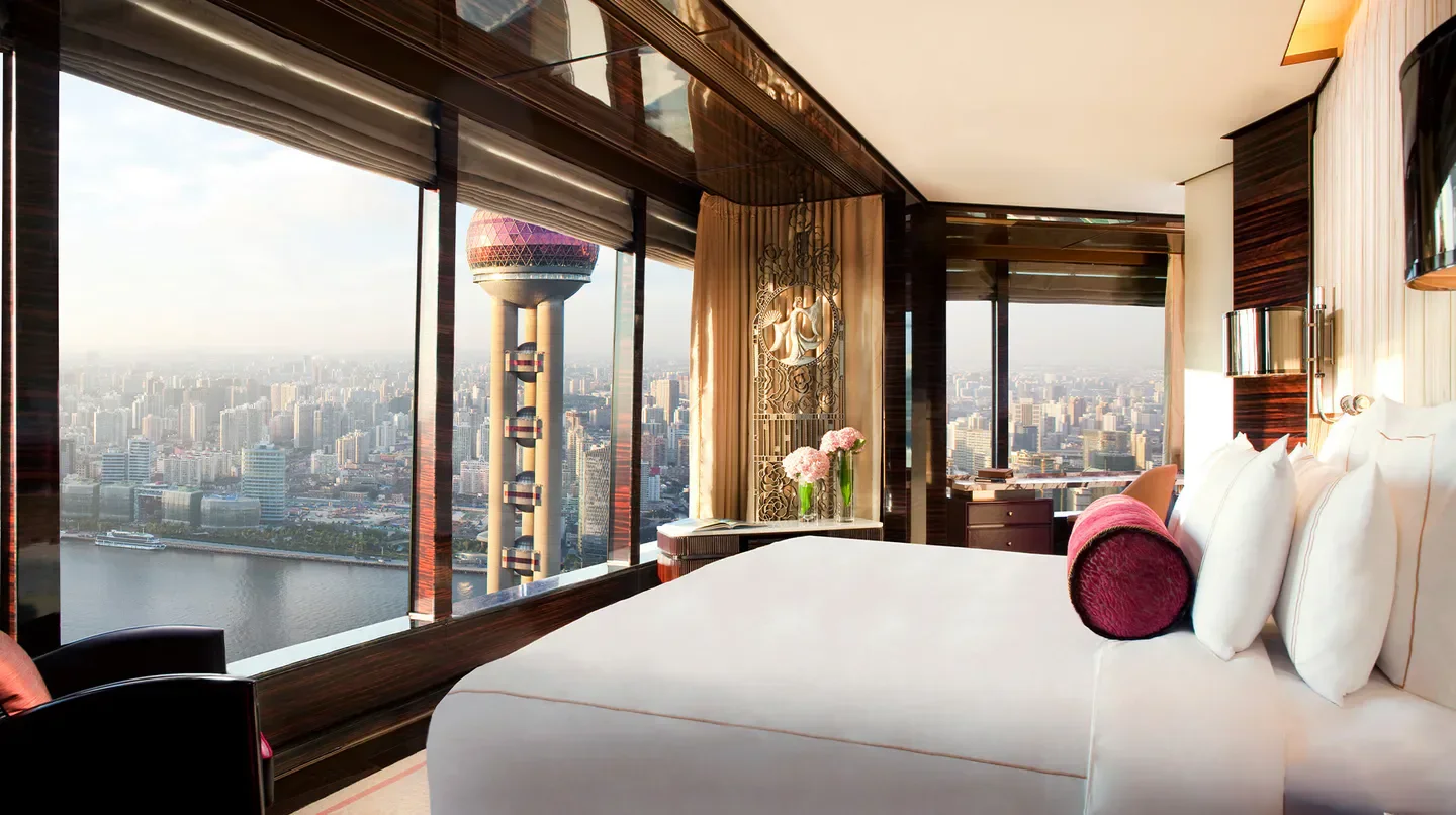 Luxury room with city views at The Ritz-Carlton Shanghai, Pudong, overlooking Shanghai
